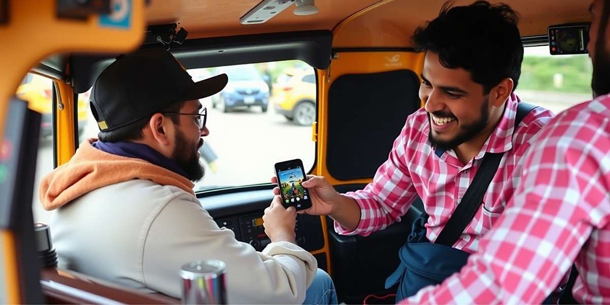Auto Drivers Enjoying Rickshaw Warrior Real auto rickshaw drivers playing Rickshaw Warrior on a mobile device, laughing and interacting