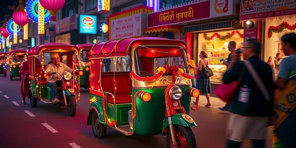 Diwali Delight Event in Rickshaw Warrior Rickshaw Warrior Diwali event showing an auto rickshaw decorated with lights navigating through a street filled with Diwali shoppers