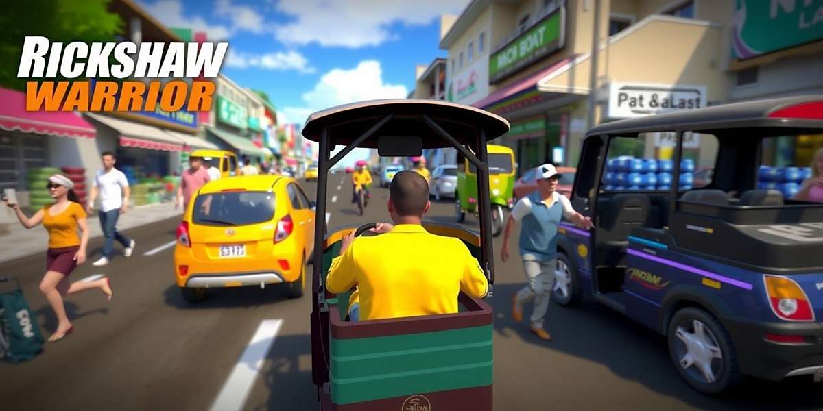 Market Navigation in Rickshaw Warrior Rickshaw Warrior gameplay showing an auto rickshaw navigating through a busy market street with pedestrians and various vehicles