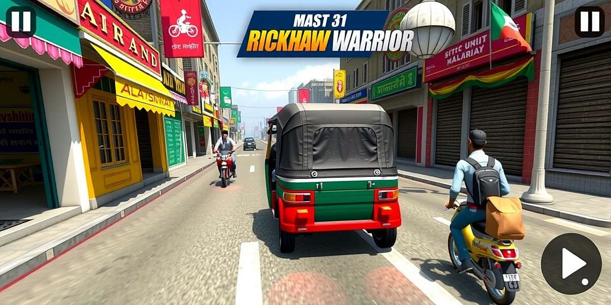 Rickshaw Warrior - Authentic Indian Driving Experience Rickshaw Warrior gameplay showing an auto rickshaw navigating through busy Indian street with colorful shops and pedestrians